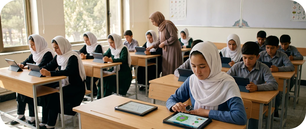 Teacher with smart board in a digital classroom in Afghanistan